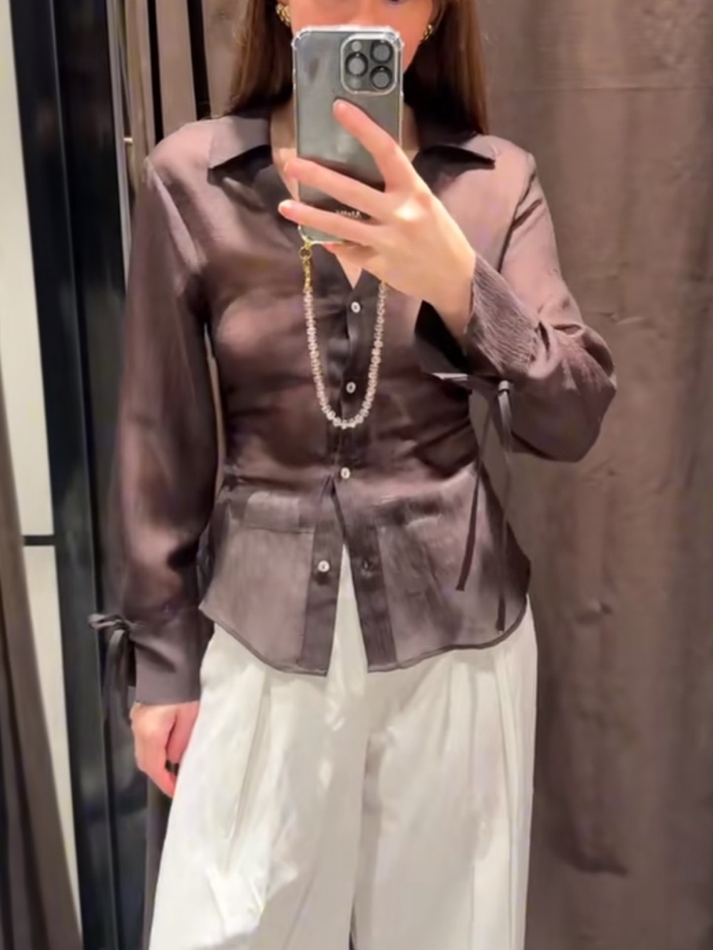 Zara Sheer Button-Front Blouse in Dark Brown - Picture 2 of 5